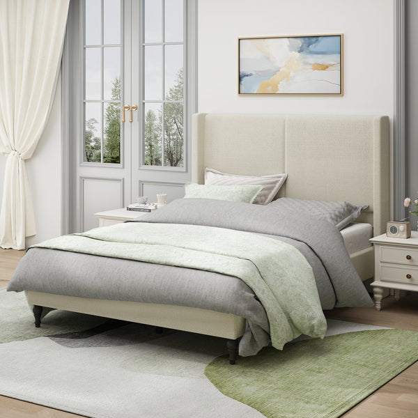 English Elm Queen Plush Upholstered Bed Frame with 55.5" High Headboard, Bouclé Style, 12-Slat Support, 1000lb Capacity Beige 64.96 L x 31.5 W x 8.07 H W1716P335674