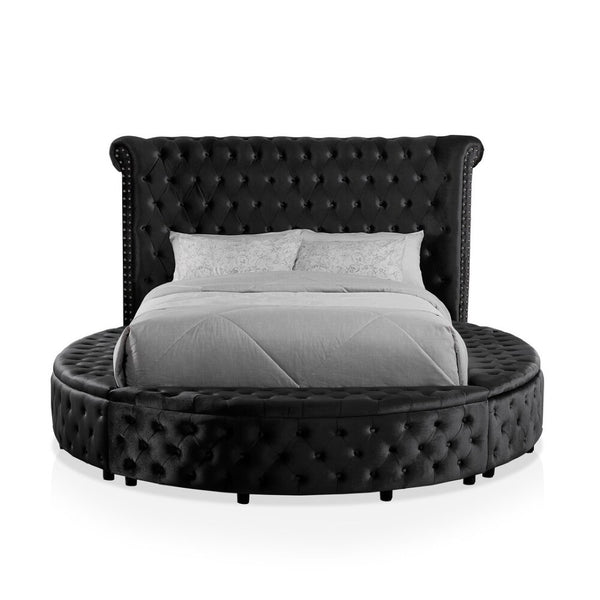 English Elm 1pc Glam Wingback Storage Bed Velvet Tufted Headboard with Usb Eastern King Black B2741S00821