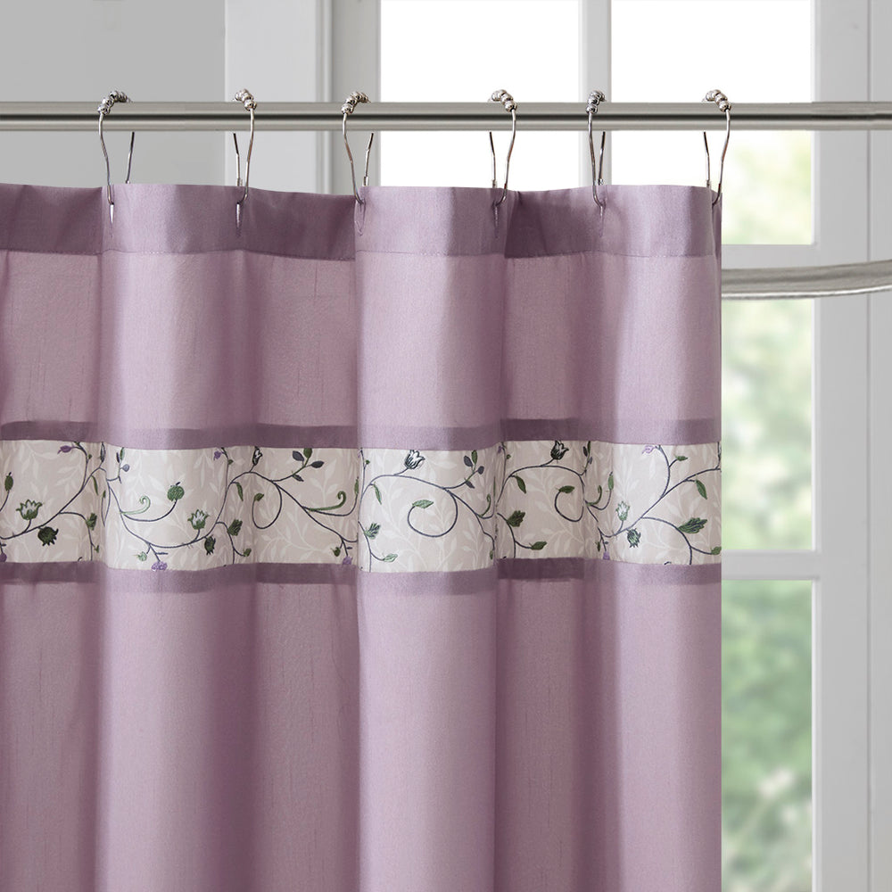 JLA Home Madison Park - Faux Luxurious Embroidered Floral Shower Curtain — Silky Finish, Machine Washable, Boutique Hotel Style Purple MP70-3453
