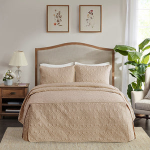 English Elm 3 Piece Quilted Bedspread Set Queen with Pleated Split Corners, Antimicrobial Microfiber, Khaki Elegance B035129056