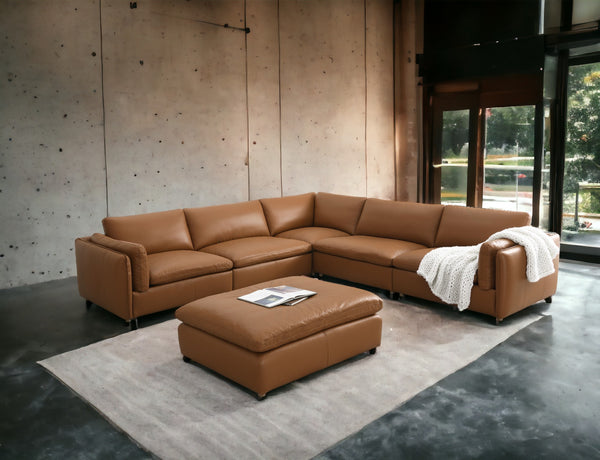 English Elm Brighton Top Grain Leather 6-Piece Modular Sectional With Ottoman – Modern Comfort & Versatile Design B2726S00005