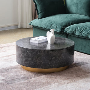 English Elm Tavola Round Coffee Table with Marble Pattern Top and Metal Legs, Two Drawers for Stylish Storage Grey B341P321161
