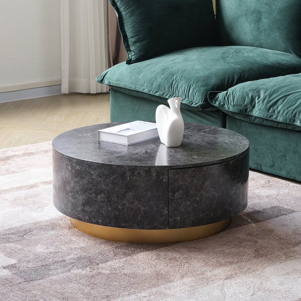 English Elm Tavola Round Coffee Table with Marble Pattern Top and Metal Legs, Two Drawers for Stylish Storage Grey B341P321161