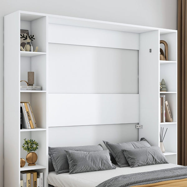English Elm Queen Murphy Bed Foldable Wall Unit with Side Cabinets and Solid Wood Slat Support W509S00152