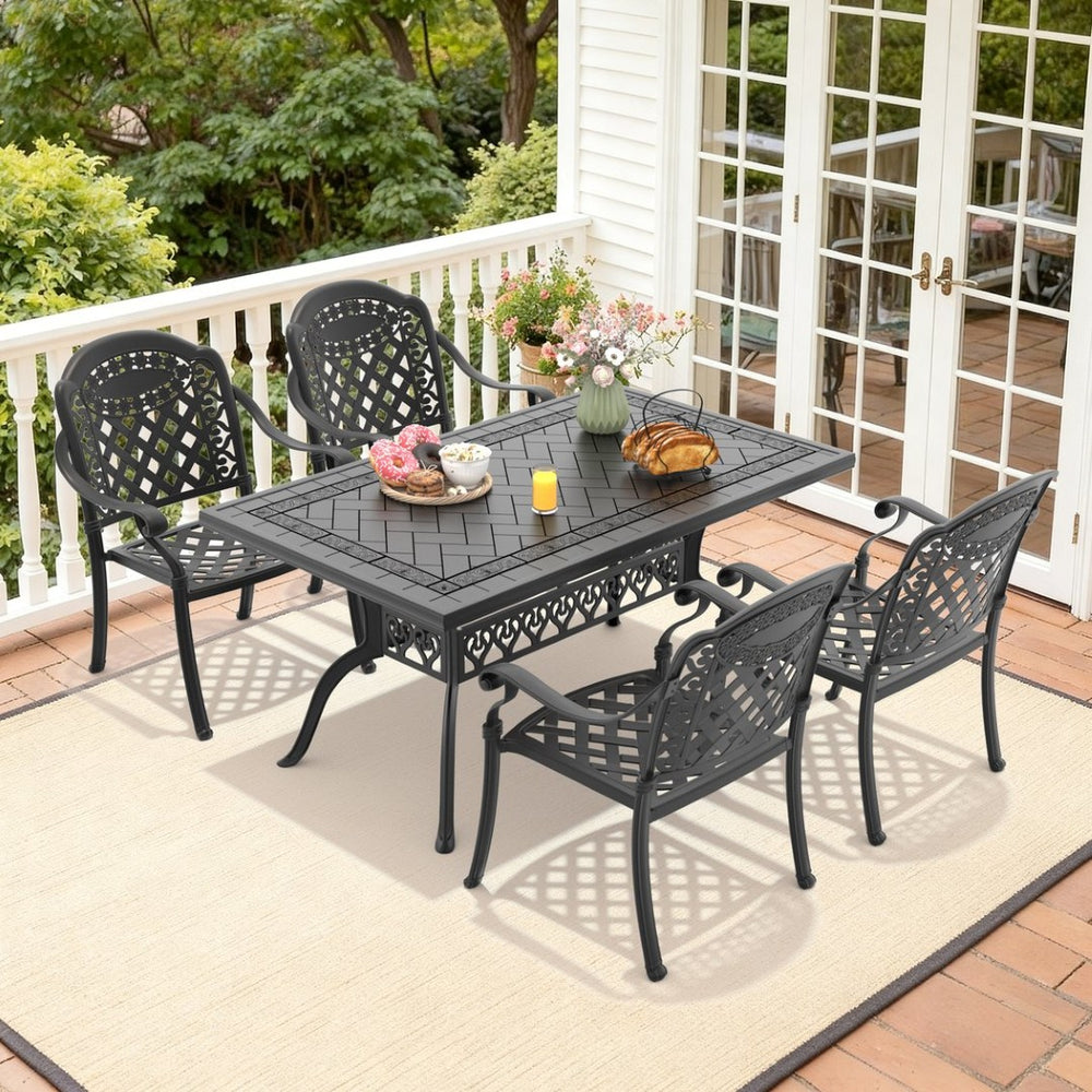 English Elm 5-piece Cast Aluminum Outdoor Dining Set Ornate Relief Patterned Chairs with Cushions W1710S00573