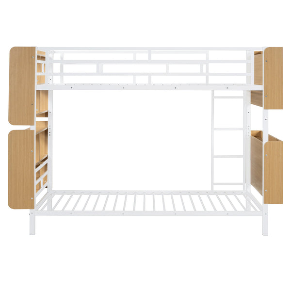 English Elm Twin Metal Bunk Bed with Built-In Headboard Storage and Footboard Shelves, Sturdy Space-Saving Design White SF000176AAK