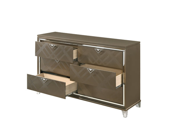 English Elm Skylar Mirrored Beveled 6-Drawer Dresser with Embossed Fronts, Acrylic Legs & Smooth Metal Glides Champagne 68 L x 20 W x 42 H B2726P261236