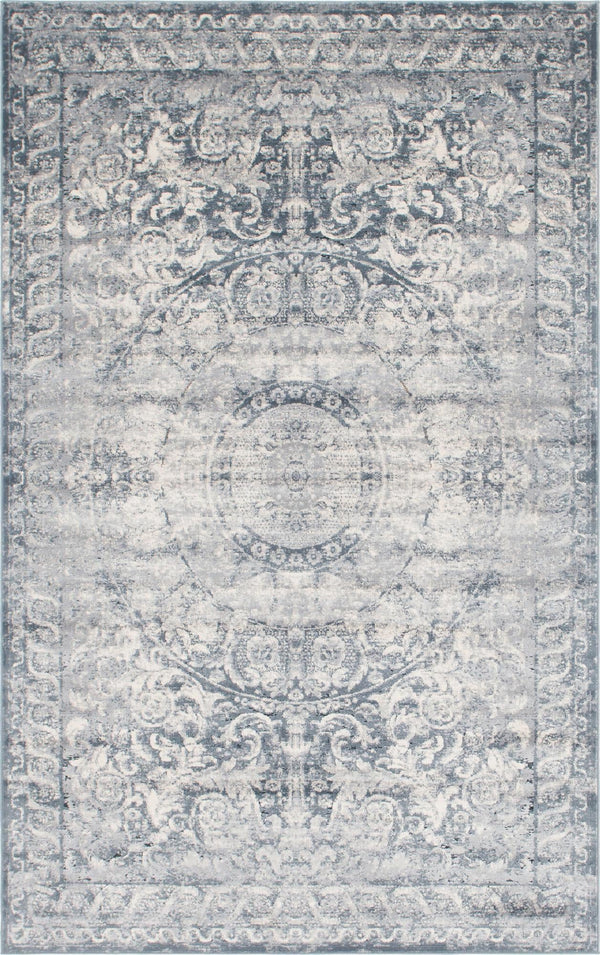 Unique Loom Chateau Grant Machine Made Border Rug Dark Blue, Gray/Ivory 6' 1" x 9' 0"