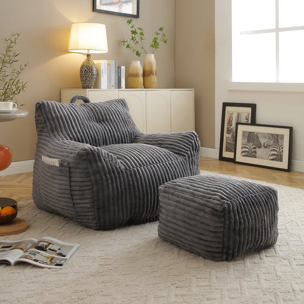 English Elm Giant Plush Bean Bag Chair with Armrests and Footstool for Ultimate Comfort, Durable Corduroy Lounge Sofa Grey W1117P309391