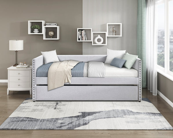 English Elm Modern Upholstered Daybed with Pull Out Trundle Nailhead Trim and Side Storage Pockets Light Gray B011P419504