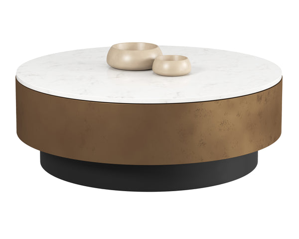 Sunpan Zelda Coffee Table - Exquisite White Marble Top with Antique Brass & Black Steel Base, Handcrafted Elegance