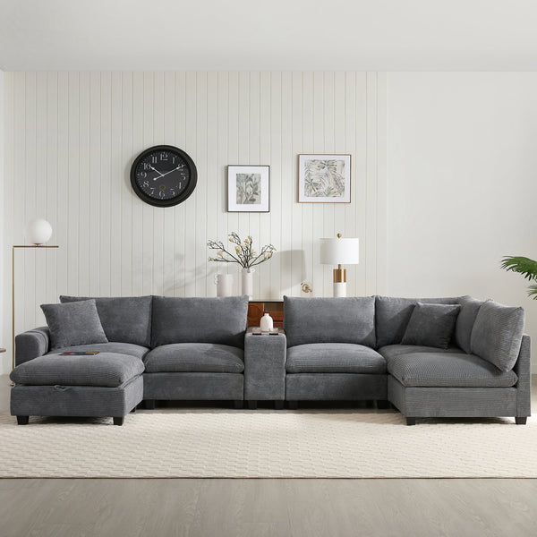 English Elm 140'' Oversized Modular Sectional Sofa with Movable Storage Ottoman, USB Charger, Console, 6-Seater U-Shaped Corduroy Gray N723S0166E