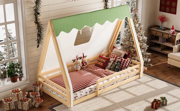 English Elm Twin Montessori Floor Bed Solid Pine Teepee Frame with Guardrails and Canopy Light W1580P369466