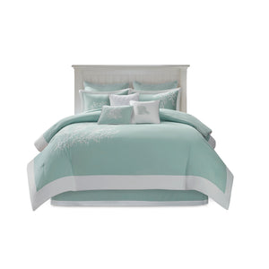 English Elm Oversized Cotton Jacquard Comforter Set Aqua Twin - Coastal Embroidered Coral Design, Overfilled Luxury Bedding B03595759