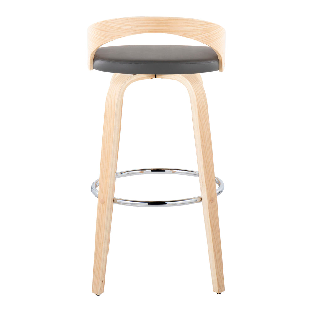 English Elm Grotto 30" Contemporary Swivel Barstool Set of 2 — Grey Faux Leather, Bent Wood Legs, Chrome Footrest B202S00596