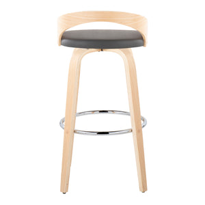 English Elm Grotto 30" Contemporary Swivel Barstool Set of 2 — Grey Faux Leather, Bent Wood Legs, Chrome Footrest B202S00596