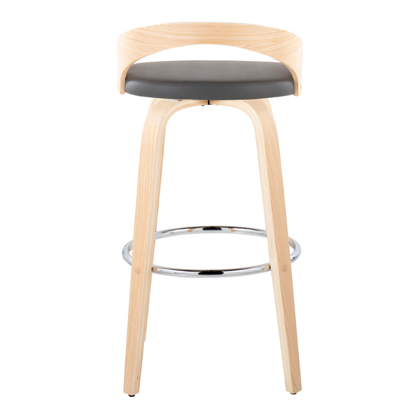English Elm Grotto 30" Contemporary Swivel Barstool Set of 2 — Grey Faux Leather, Bent Wood Legs, Chrome Footrest B202S00596