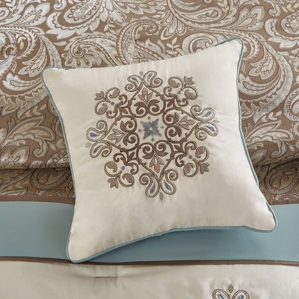 English Elm Jacquard Madison Park Caroline 7-Piece Comforter Set Queen with Paisley Embroidery, Brown Ivory Accents Blue 24.02 L x 18.9 W x 15.35 H B03596988