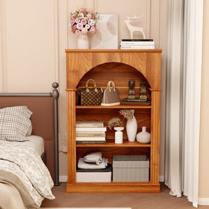 English Elm Vintage Hand-carved Solid Wood Bookcase Tall Arched Open Shelf Cabinet for Living Room W3123P485376