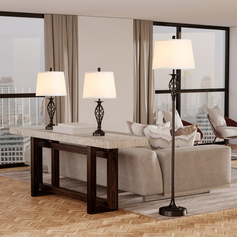 English Elm HOMCOM 3-Piece Vintage Floor & Table Lamp Set with Woven Metal Pole, White Fabric Shades, Cozy Glow W2225P217294