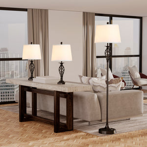 English Elm HOMCOM 3-Piece Vintage Floor & Table Lamp Set with Woven Metal Pole, White Fabric Shades, Cozy Glow W2225P217294