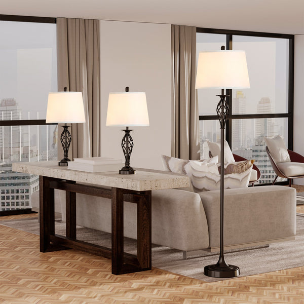 English Elm HOMCOM 3-Piece Vintage Floor & Table Lamp Set with Woven Metal Pole, White Fabric Shades, Cozy Glow W2225P217294