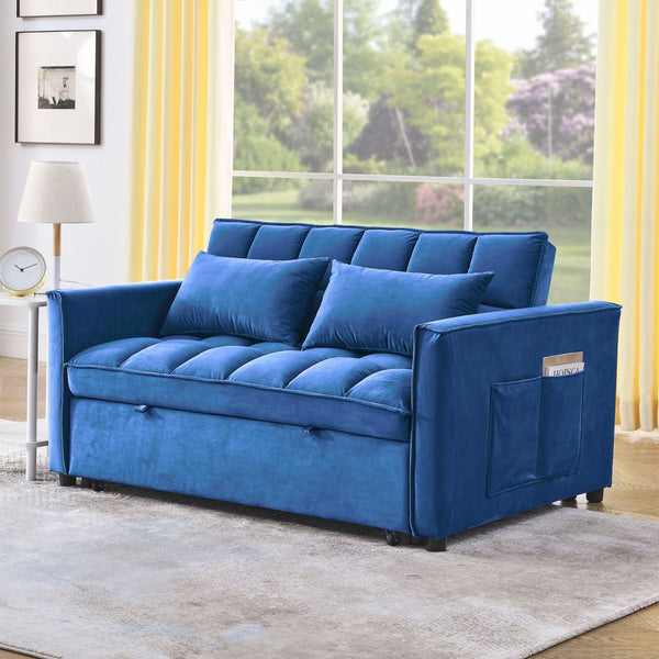 English Elm Sleeper Velvet Convertible Sofa Bed 3-in-1 Recliner 2-Seater Sectional with Pillows & Side Pockets Blue W1853P255671