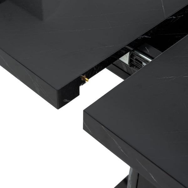 English Elm 47.24"-63"Modern Rectangle Dining Table with Extendable Top, Printed Marble Look, Sturdy Steel Base & Storage Black W757P331963