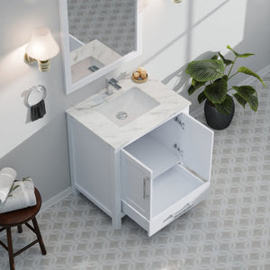 English Elm White Solid Wood Bath Vanity 30"W x 22"D with Carrara Marble Top, Soft-Close Drawer, Spacious Storage B2731P258774