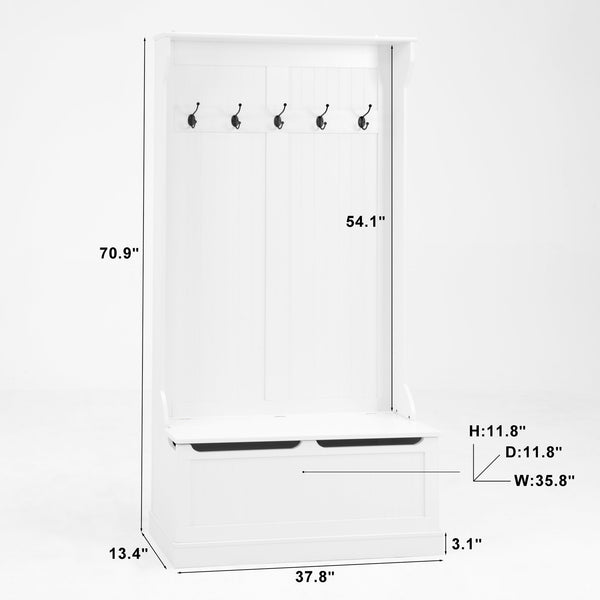 English Elm Entryway Bench Hall Tree with Shoe Storage and 5 Hooks, White MDF Organizer Seat with Hinge Safety W409P262447