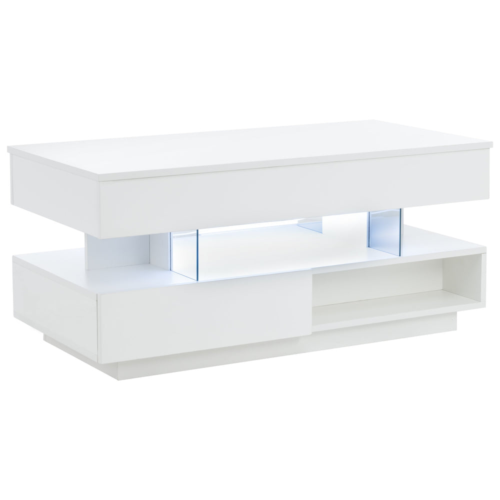 English Elm 39.3" Lift Top Coffee Table with Hidden Storage, 2 Drawers, Adjustable LED Ambience Lights and Durable Lift Mechanism White W3871P368909