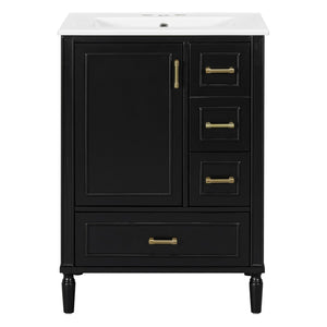 English Elm 24" Olive Bathroom Vanity Solid Wood Frame Ceramic Sink Gold Hardware Soft Close Black N729P373272B