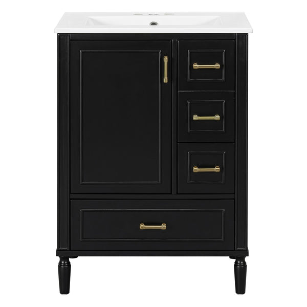 English Elm 24" Olive Bathroom Vanity Solid Wood Frame Ceramic Sink Gold Hardware Soft Close Black N729P373272B