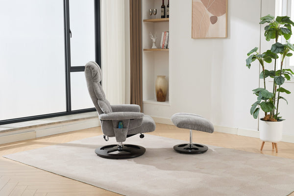English Elm 010-Ergonomic Recliner Chair with Ottoman — 360° Swivel Lounge, Chenille Comfort, Heated Seat, Massage, Adjustable Backrest Grey W2636P262448