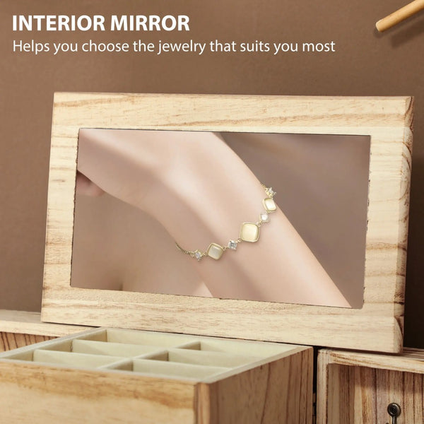 English Elm Jewelry Armoire Paulownia Wood Box with Built-in Mirror Hooks and Tiered Storage T3971P397384