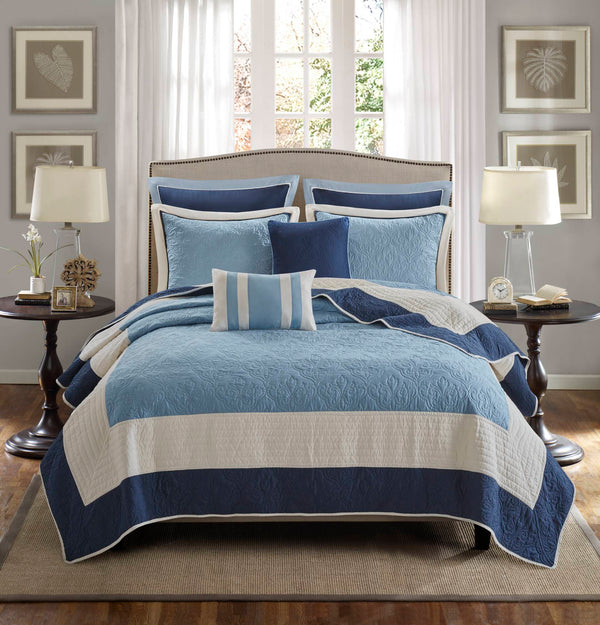 English Elm 7-Piece Full/Queen Quilt Set Navy with Euro Shams & Decorative Pillows, Brushed Microfiber Comfort Multicolor 15.35 L x 17.72 W x 9.45 H B035P408224