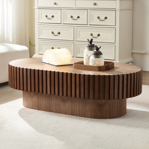 English Elm 43.70 Inch Modern Handcraft Drum Coffee Table Oval Wood MDF Pedestal Accent Table for Living Space Elegance Walnut W2582P250586