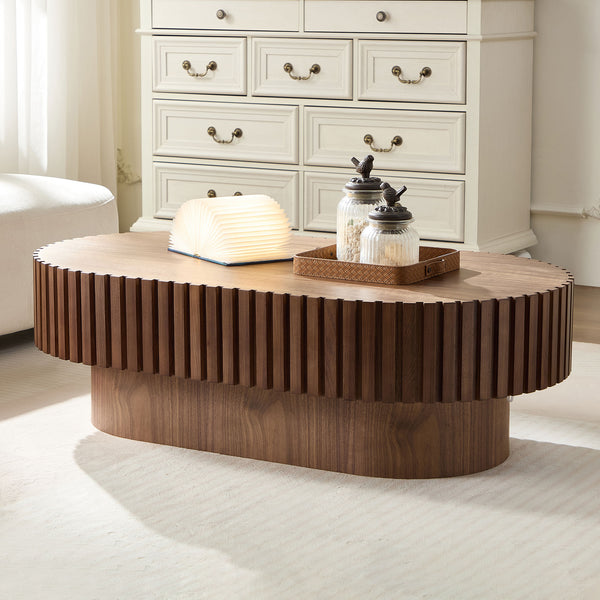English Elm 43.70 Inch Modern Handcraft Drum Coffee Table Oval Wood MDF Pedestal Accent Table for Living Space Elegance Walnut W2582P250586