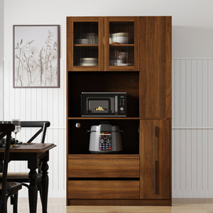 English Elm 70.87" Tall Kitchen Pantry Cabinet – Multi-Functional Storage With Glass Door, Drawers & Microwave Stand W331S00197