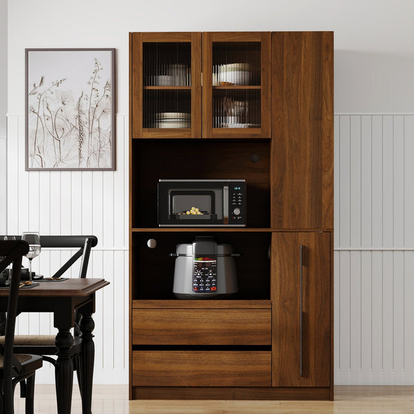 English Elm 70.87" Tall Pantry Cabinet with Pull-Out Multi-Tier Shelves, Drawers & Glass Door for Organized Kitchens W331S00197 W331S00197