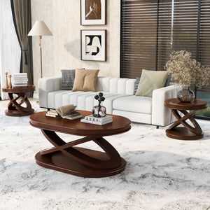 English Elm Retro Solid Wood Coffee Table Set 3-Piece with 44" Oval Coffee Table & Round End Tables, Sturdy X-Legs, Waterproof Surface Walnut W1202S00011