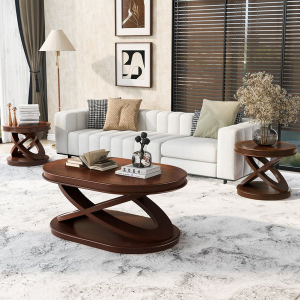 English Elm Retro Solid Wood Coffee Table Set 3-Piece with 44" Oval Coffee Table & Round End Tables, Sturdy X-Legs, Waterproof Surface Walnut W1202S00011