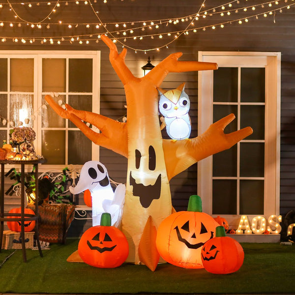 English Elm Homcom 7.5' Lighted Halloween Inflatable Haunted Tree With Owl, Ghost & Pumpkins - Spooky Yard Decor! W2225P229515