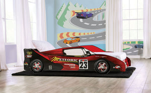English Elm Modern Twin Race Car Bed With High Gloss Red Finish, Metal Support & Slat Kit - Ignite Imagination! B2741S00498