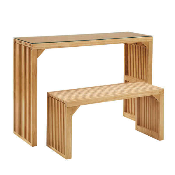 English Elm Dining Pine Multi-Use Bench & Table Set with Tempered Glass, Rustic Indoor Accent for Entryway Living Room W2275P192311