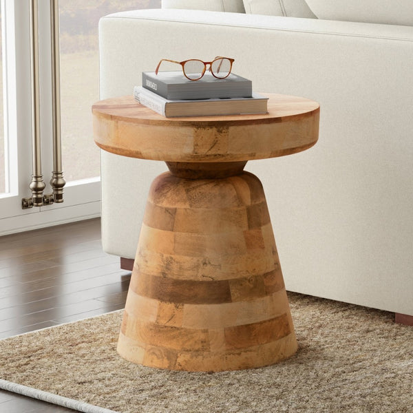 English Elm Robbie Solid Mango Wood Round Accent Table Sculptural Boho Side for Living Room Natural B136P420291
