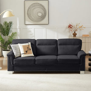 English Elm 82" Chesterfield Snowfleece Upholstered 3-seat Sofa Nailhead Trim Plush Living Room Black W1359P386022