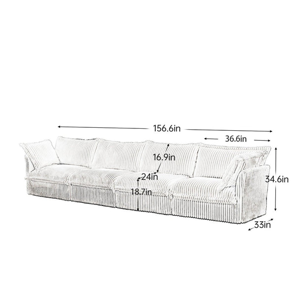 English Elm Slipcovered 4-Seater Sofa In Cream Corduroy, Cloud-Like Comfort, Removable Covers, Modular Design W3041S00024-GIGA