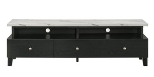 English Elm 1pc Timeless Entertainment Console with Faux Marble Top, Antique Two-Tone Finish, Sliding Doors and Drawers Black,White 18.43 L x 73.43 W x 20.79 H B2741P295129