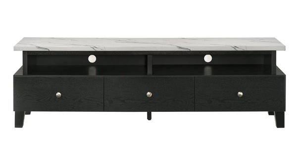 English Elm 1pc Timeless Entertainment Console with Faux Marble Top, Antique Two-Tone Finish, Sliding Doors and Drawers Black,White 18.43 L x 73.43 W x 20.79 H B2741P295129
